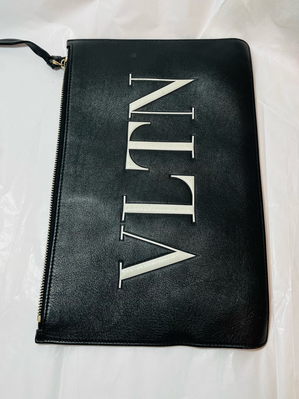 Valentino Black Leather Logo Zip Pouch with White Lettering